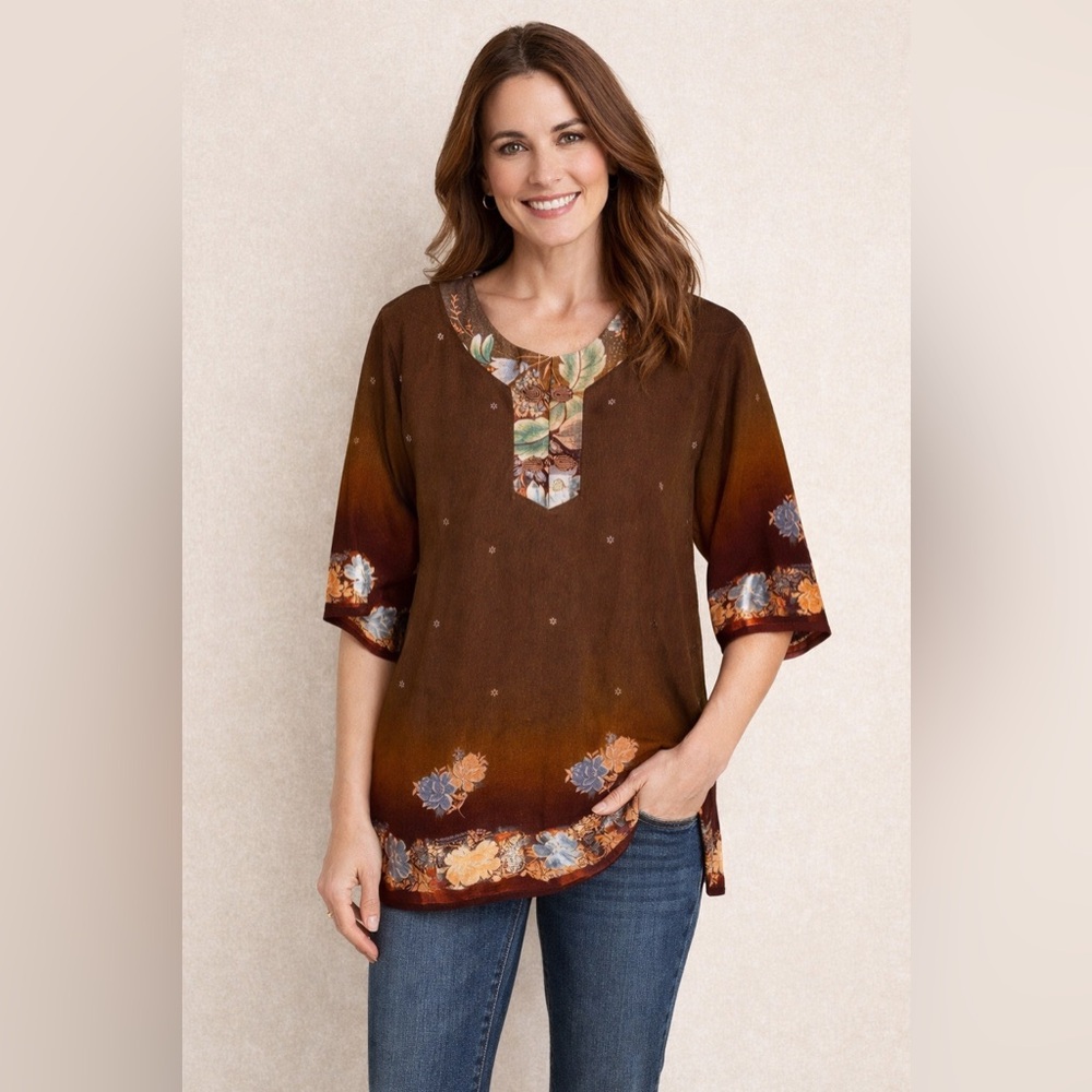 Boutique Boho Floral Tunic Top Brown Ombre XXL